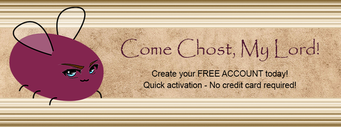 An early web style banner ad featuring eggbug with horny anime eyes and which reads "Come Chost, My Lord" in papyrus font, and "Create your FREE ACCOUNT today! Quick activation - No credit card required!" under that in regular old Arial. Designed by "Mike" @theworksofegan @ Cohost.