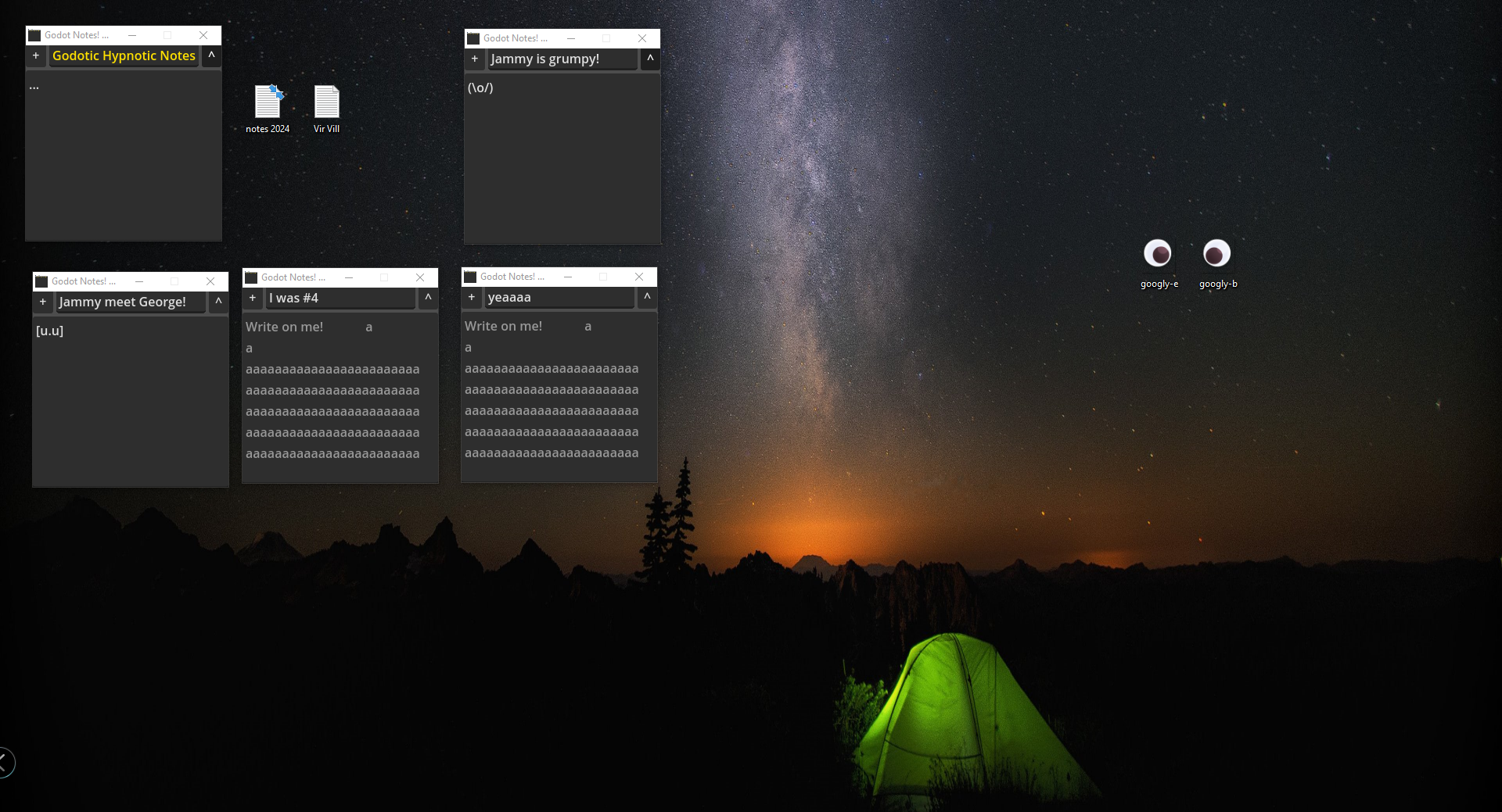 A camping desktop background at night, the stars shine and the camper glows. Some windows of notes are arrayed to the top left, one reading: Godotic Hypnotic Notes.